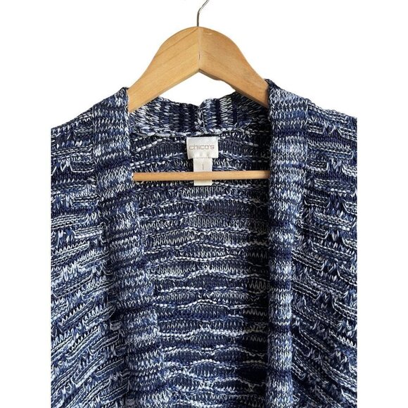 Chico's Spacedye Fringe Anniston Cardigan Size 1/ M Blue White Knit Open Tassel - Picture 3 of 9